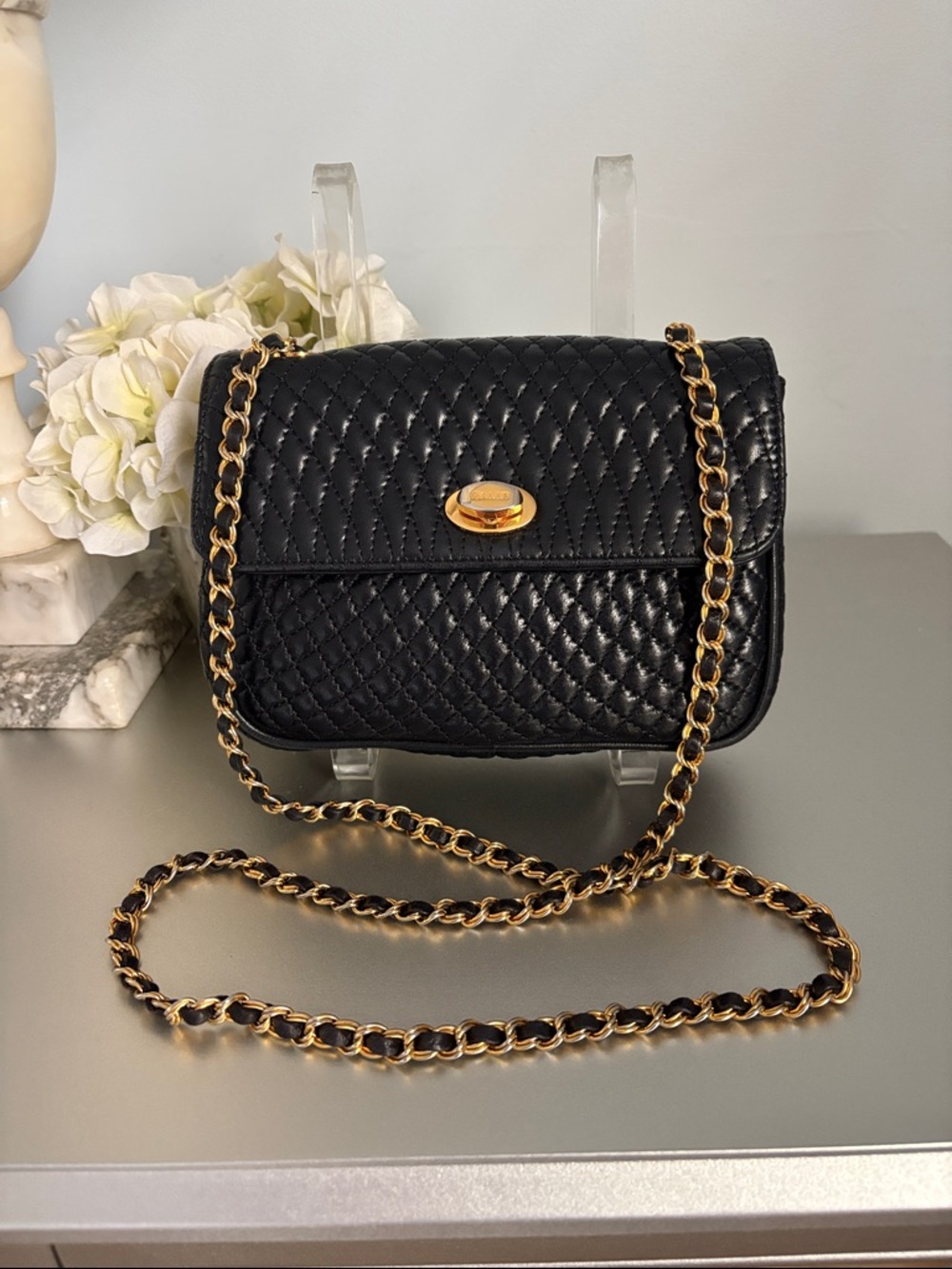 Bally Black Quilted Lambskin Crossbody with Gold Chain